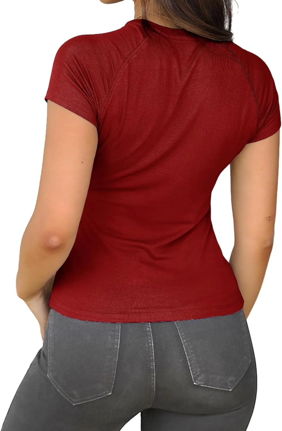 Dwnval Womens Basic Summer Short Sleeve Crewneck T Shirt Raglan Ribbed Knitted Slim Fit Casual Going Out Tops