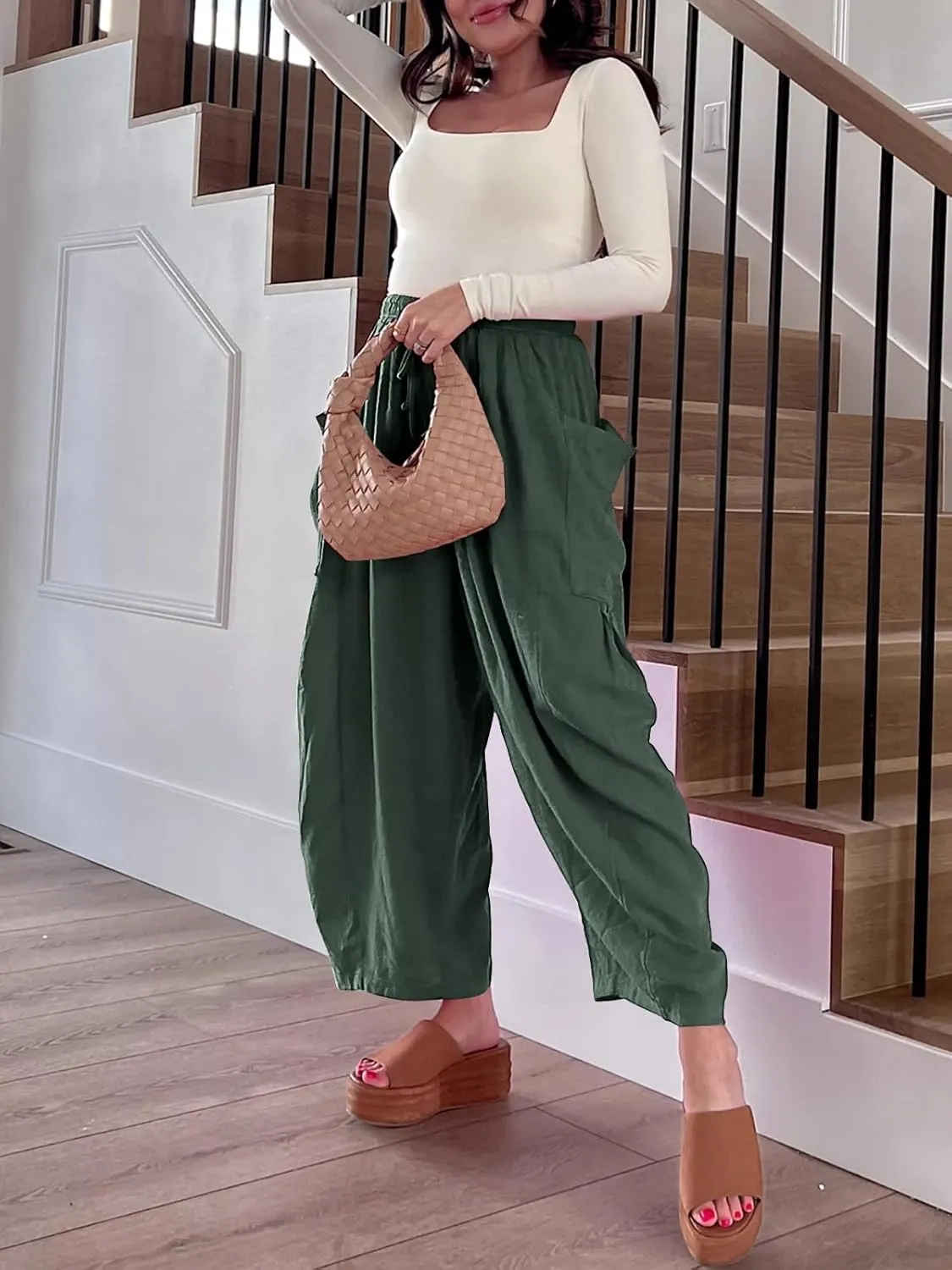 Ecokauer Women's Casual Palazzo Pants Drawstring Pleated Elastic Waist Loose Lounge Wide Leg Trousers with Pockets