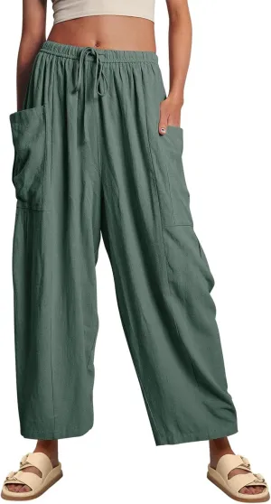 Ecokauer Women's Casual Palazzo Pants Drawstring Pleated Elastic Waist Loose Lounge Wide Leg Trousers with Pockets