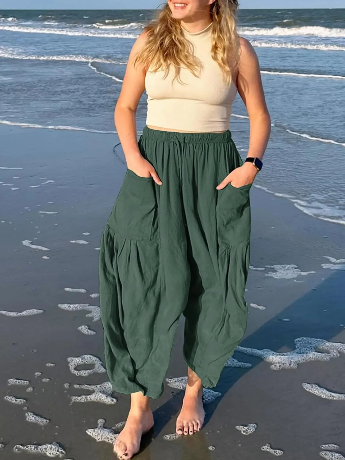 Ecokauer Women's Casual Palazzo Pants Drawstring Pleated Elastic Waist Loose Lounge Wide Leg Trousers with Pockets