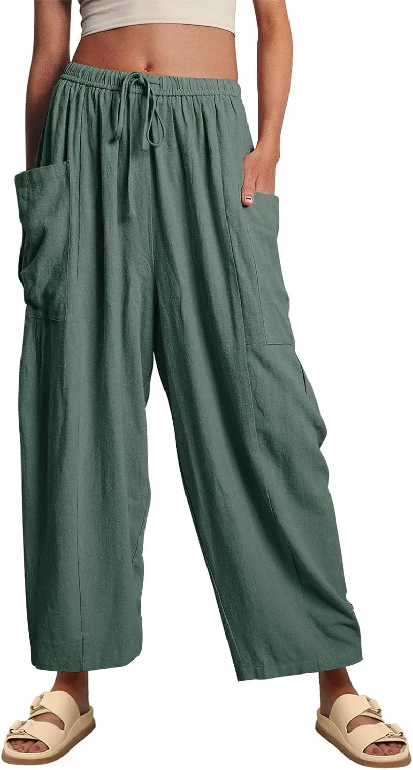 Ecokauer Women's Casual Palazzo Pants Drawstring Pleated Elastic Waist Loose Lounge Wide Leg Trousers with Pockets