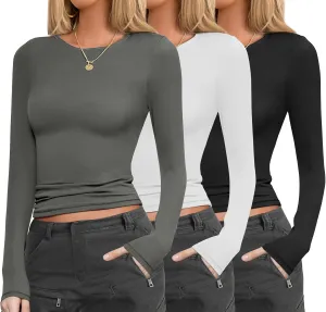Ekouaer Womens 3 Pack Long Sleeve Shirts Fitted Tops Base Layering Tight Thermal Undershirts S-XXL