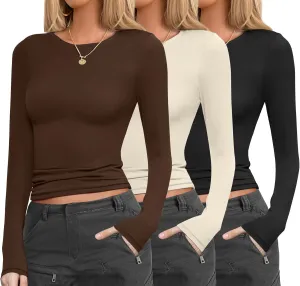 Ekouaer Womens 3 Pack Long Sleeve Shirts Fitted Tops Base Layering Tight Thermal Undershirts S-XXL