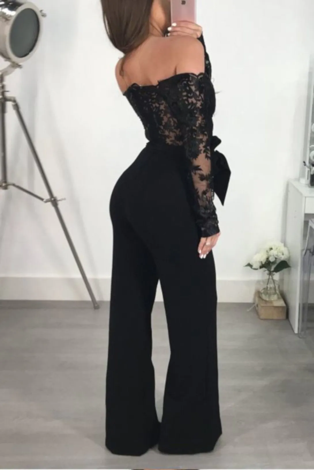 Elegant Black Lace Off Shoulder Jumpsuit Romper