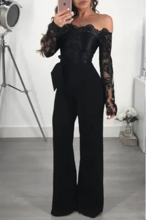 Elegant Black Lace Off Shoulder Jumpsuit Romper