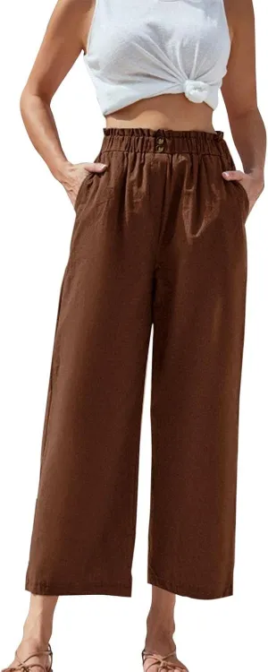 eoeioa Cropped Linen Pants Women Button Fly Elastic Waist Beach Pants Summer Baggy Comfy Flowy Ankle Pant with Pockets