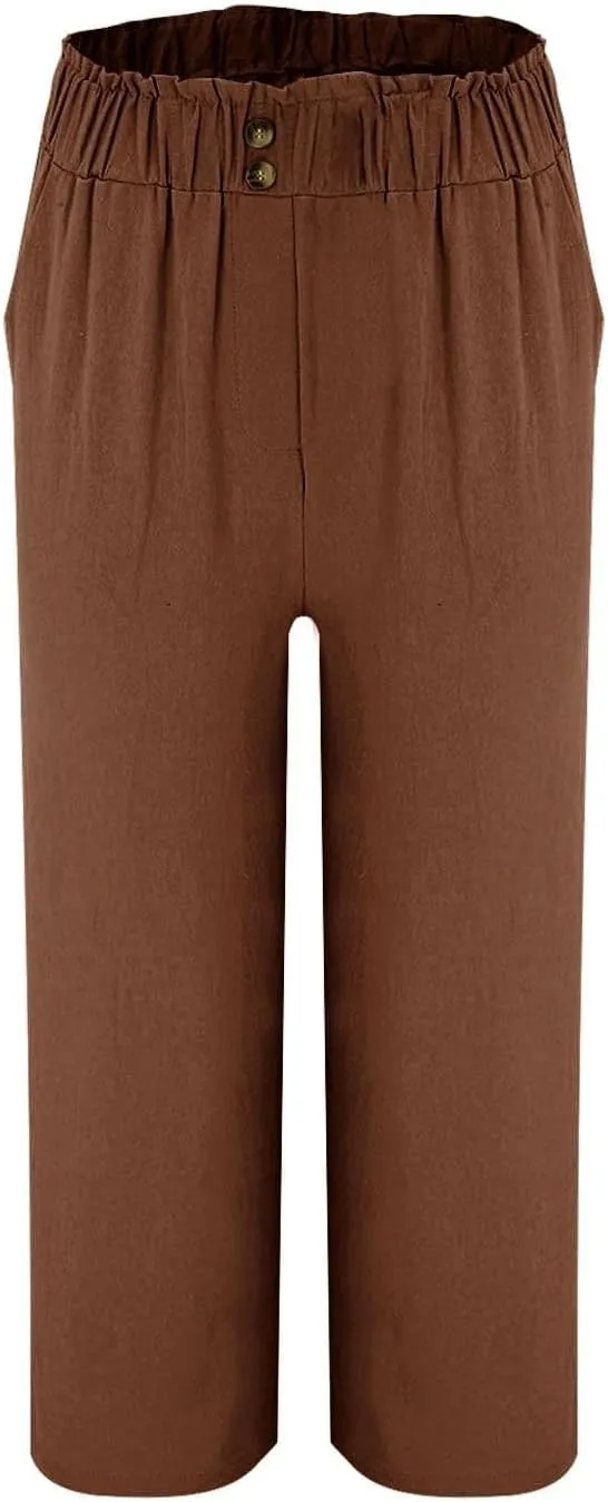 eoeioa Cropped Linen Pants Women Button Fly Elastic Waist Beach Pants Summer Baggy Comfy Flowy Ankle Pant with Pockets