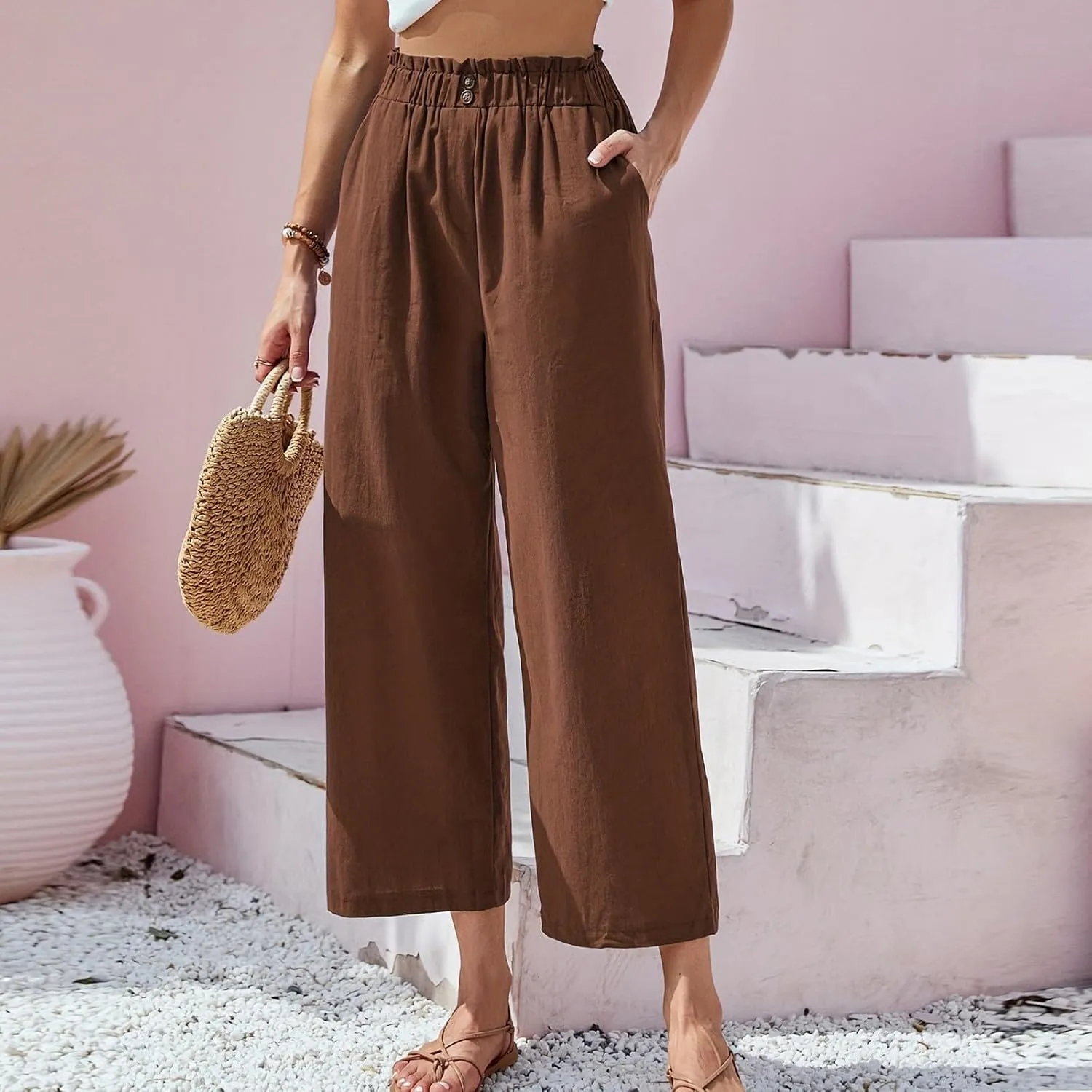 eoeioa Cropped Linen Pants Women Button Fly Elastic Waist Beach Pants Summer Baggy Comfy Flowy Ankle Pant with Pockets