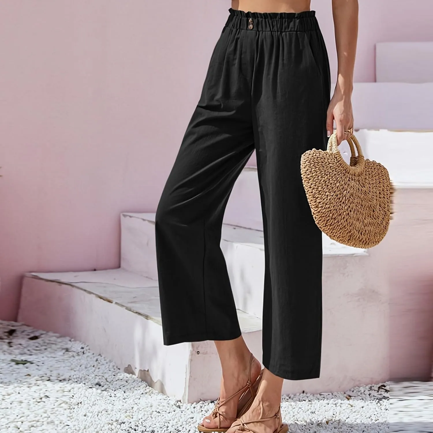 eoeioa Cropped Linen Pants Women Button Fly Elastic Waist Beach Pants Summer Baggy Comfy Flowy Ankle Pant with Pockets