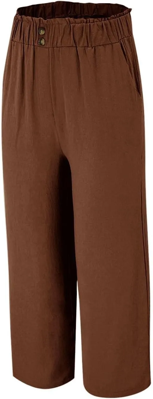 eoeioa Cropped Linen Pants Women Button Fly Elastic Waist Beach Pants Summer Baggy Comfy Flowy Ankle Pant with Pockets