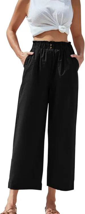 eoeioa Cropped Linen Pants Women Button Fly Elastic Waist Beach Pants Summer Baggy Comfy Flowy Ankle Pant with Pockets