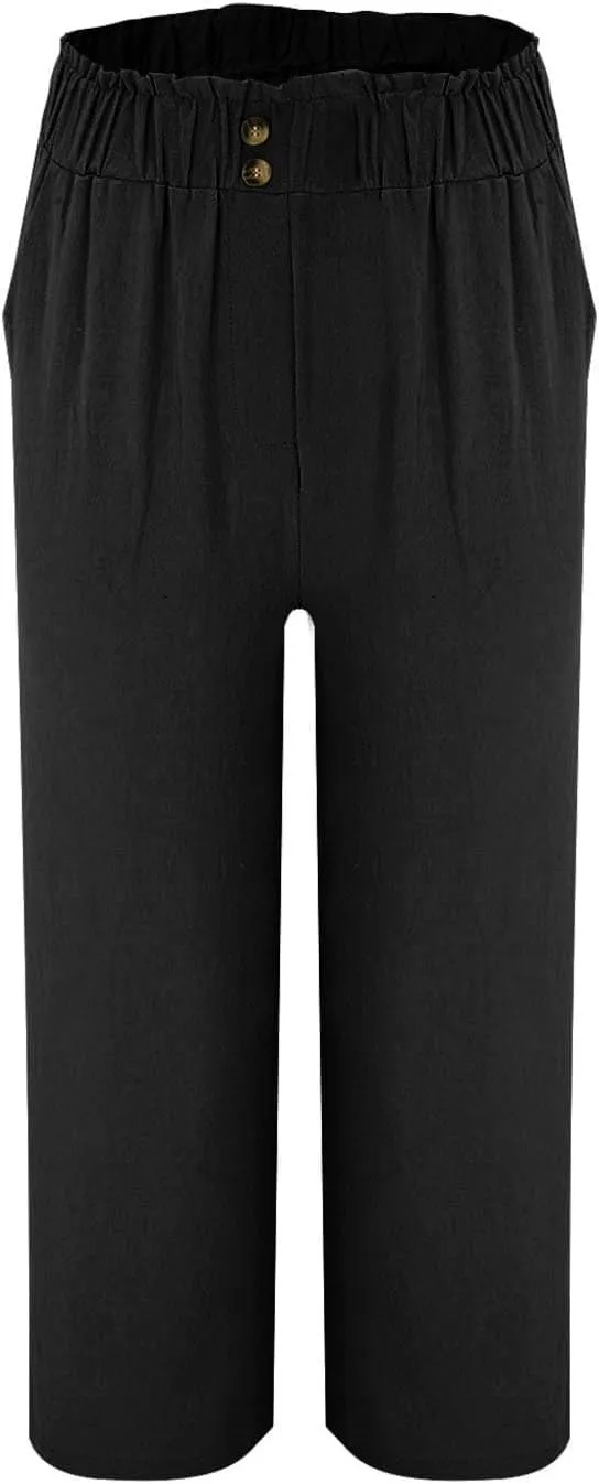 eoeioa Cropped Linen Pants Women Button Fly Elastic Waist Beach Pants Summer Baggy Comfy Flowy Ankle Pant with Pockets