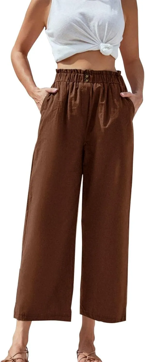 eoeioa Cropped Linen Pants Women Button Fly Elastic Waist Beach Pants Summer Baggy Comfy Flowy Ankle Pant with Pockets