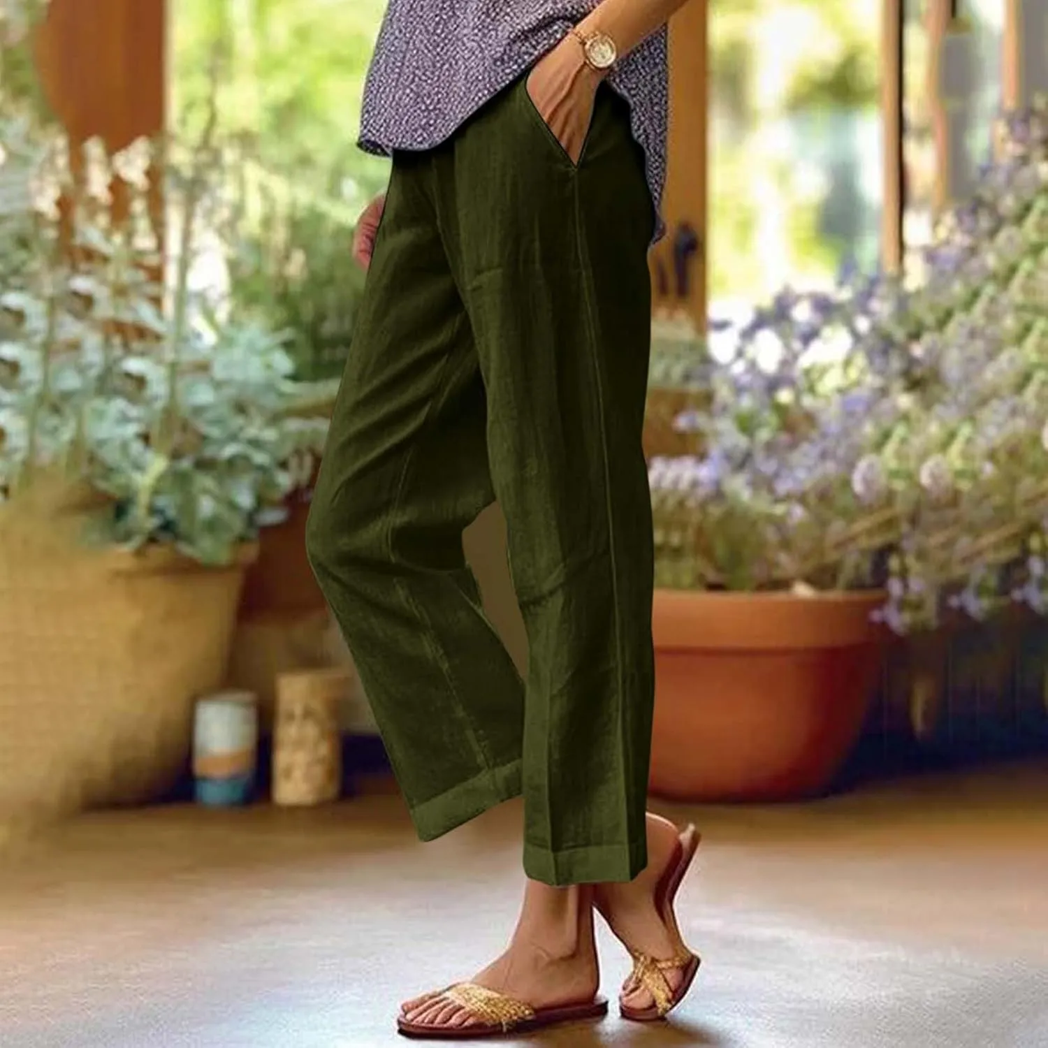 eoeioa Gauze Pants for Women Casual Summer Elastic Waist Ankle Pants Casual Baggy Comfy Beach Trouser with Pockets