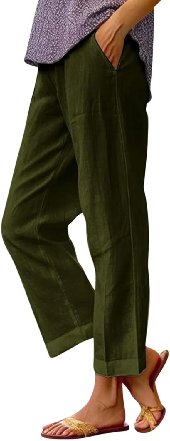 eoeioa Gauze Pants for Women Casual Summer Elastic Waist Ankle Pants Casual Baggy Comfy Beach Trouser with Pockets