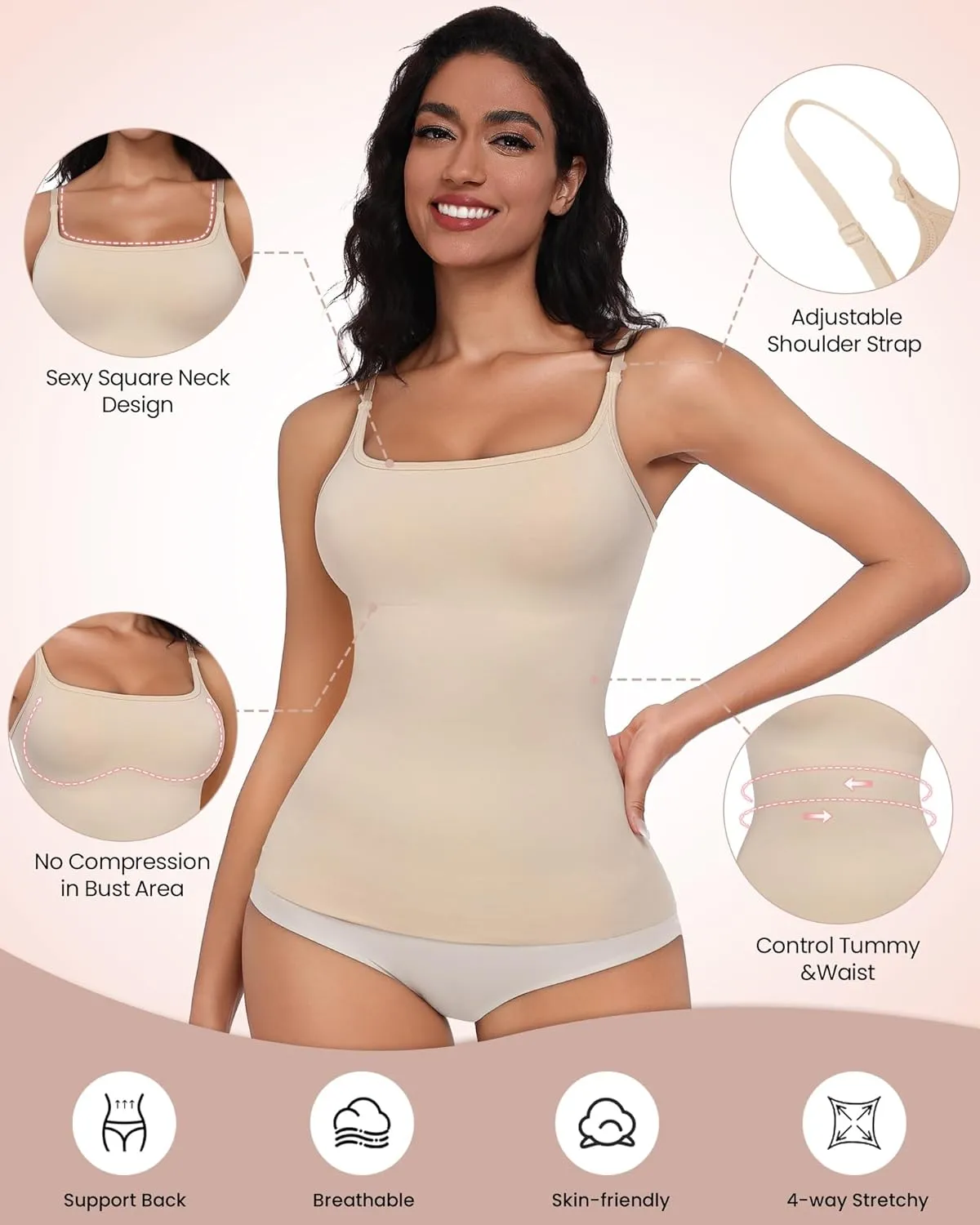 EUYZOU Women Shapewear Tummy Control Camisole Tops - Square Neck Sexy Compression Tank Tops Seamless Body Shaper