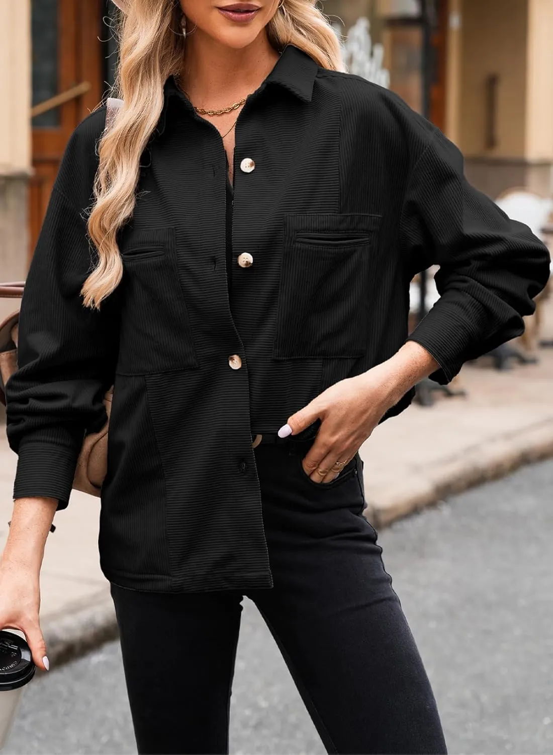 EVALESS Womens Corduroy Jackets Fashion Long Sleeve Button Down Shacket Shirt Jacket with Pockets Fall Outfits 2024