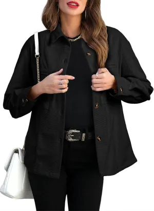 EVALESS Womens Corduroy Jackets Fashion Long Sleeve Button Down Shacket Shirt Jacket with Pockets Fall Outfits 2024