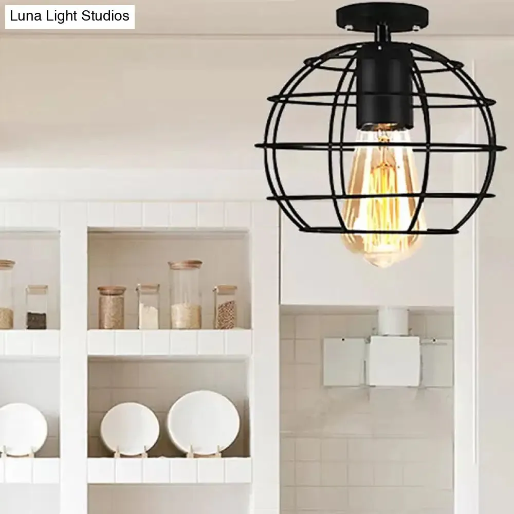 Farmhouse Style Semi Flush Mount Ceiling Light - Global/Barrel Iron with Wire Guard, 1 Light, Black Finish