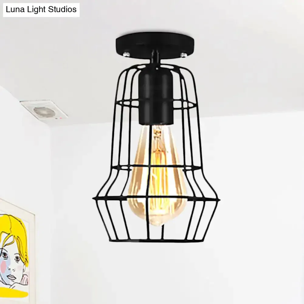 Farmhouse Style Semi Flush Mount Ceiling Light - Global/Barrel Iron with Wire Guard, 1 Light, Black Finish
