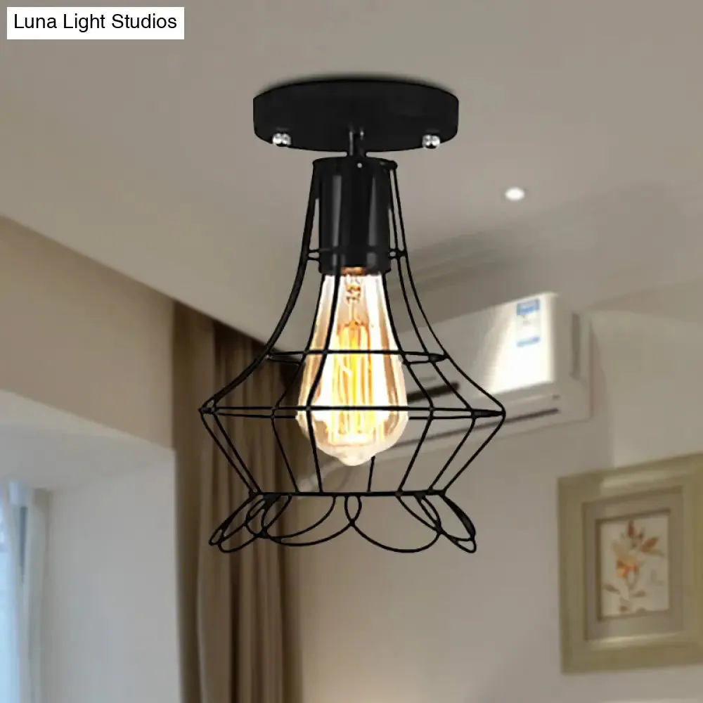 Farmhouse Style Semi Flush Mount Ceiling Light - Global/Barrel Iron with Wire Guard, 1 Light, Black Finish