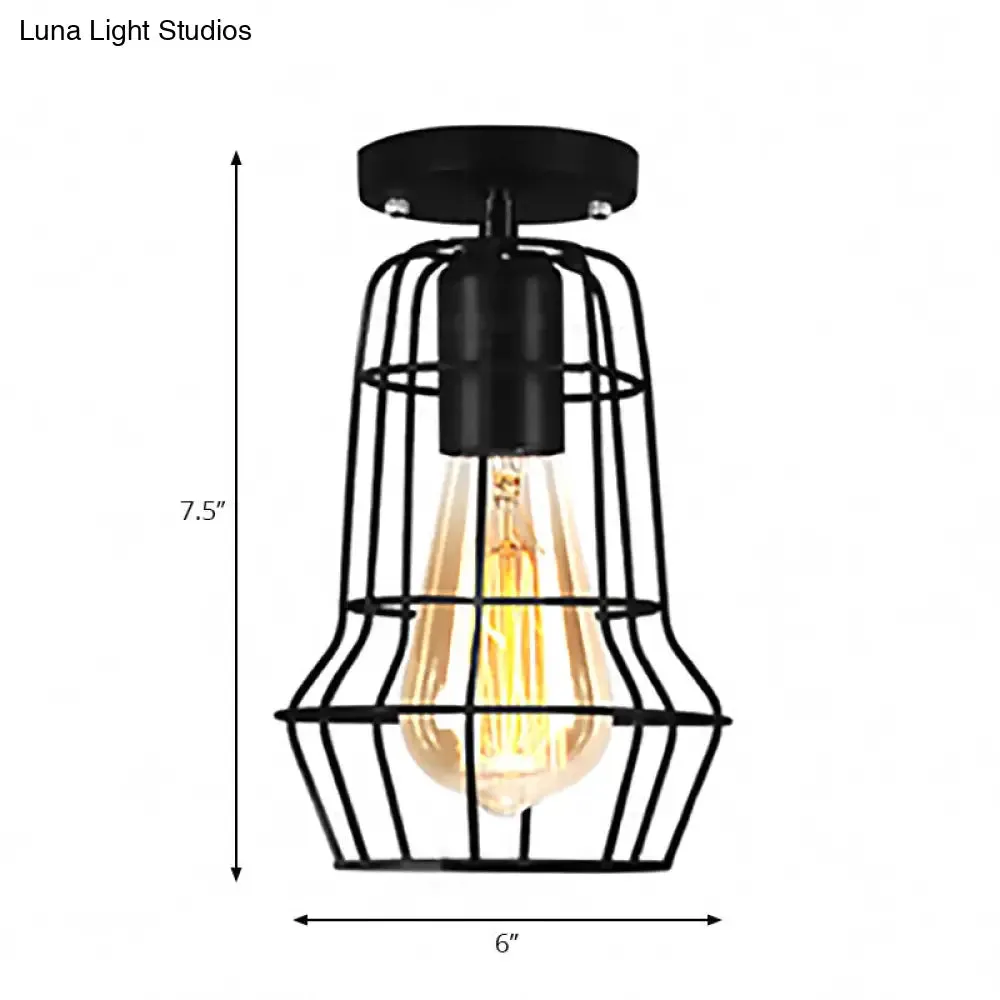 Farmhouse Style Semi Flush Mount Ceiling Light - Global/Barrel Iron with Wire Guard, 1 Light, Black Finish