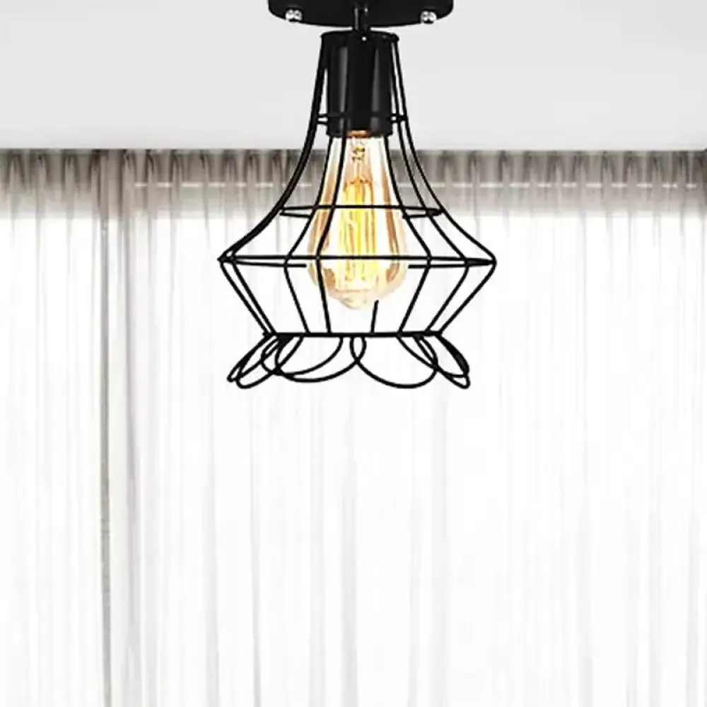 Farmhouse Style Semi Flush Mount Ceiling Light - Global/Barrel Iron with Wire Guard, 1 Light, Black Finish