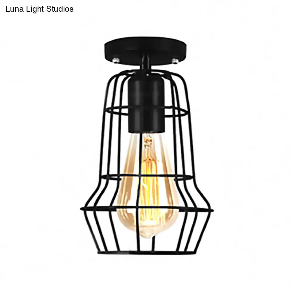 Farmhouse Style Semi Flush Mount Ceiling Light - Global/Barrel Iron with Wire Guard, 1 Light, Black Finish