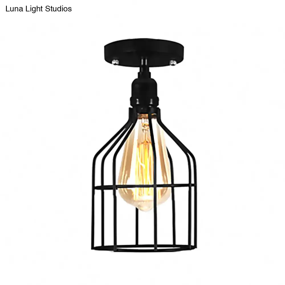 Farmhouse Style Semi Flush Mount Ceiling Light - Global/Barrel Iron with Wire Guard, 1 Light, Black Finish