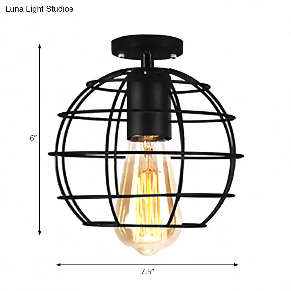 Farmhouse Style Semi Flush Mount Ceiling Light - Global/Barrel Iron with Wire Guard, 1 Light, Black Finish