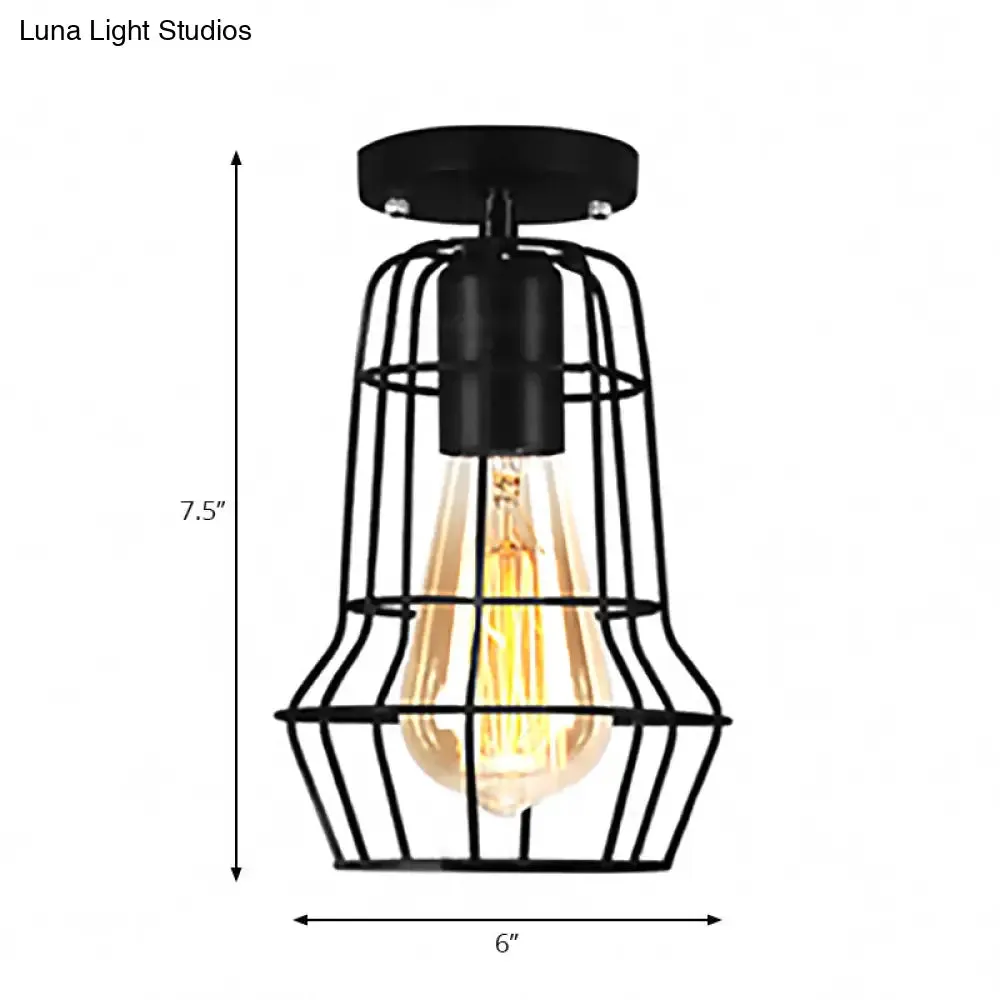 Farmhouse Style Semi Flush Mount Ceiling Light - Global/Barrel Iron with Wire Guard, 1 Light, Black Finish