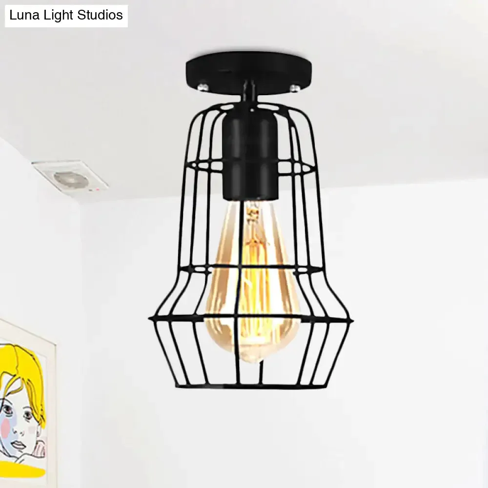 Farmhouse Style Semi Flush Mount Ceiling Light - Global/Barrel Iron with Wire Guard, 1 Light, Black Finish