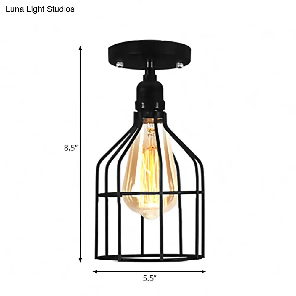 Farmhouse Style Semi Flush Mount Ceiling Light - Global/Barrel Iron with Wire Guard, 1 Light, Black Finish
