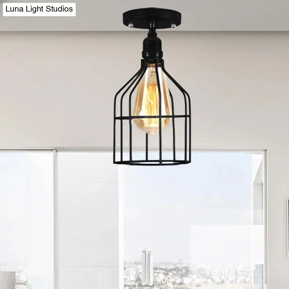 Farmhouse Style Semi Flush Mount Ceiling Light - Global/Barrel Iron with Wire Guard, 1 Light, Black Finish