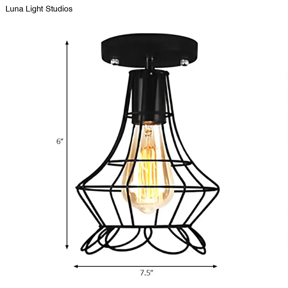 Farmhouse Style Semi Flush Mount Ceiling Light - Global/Barrel Iron with Wire Guard, 1 Light, Black Finish