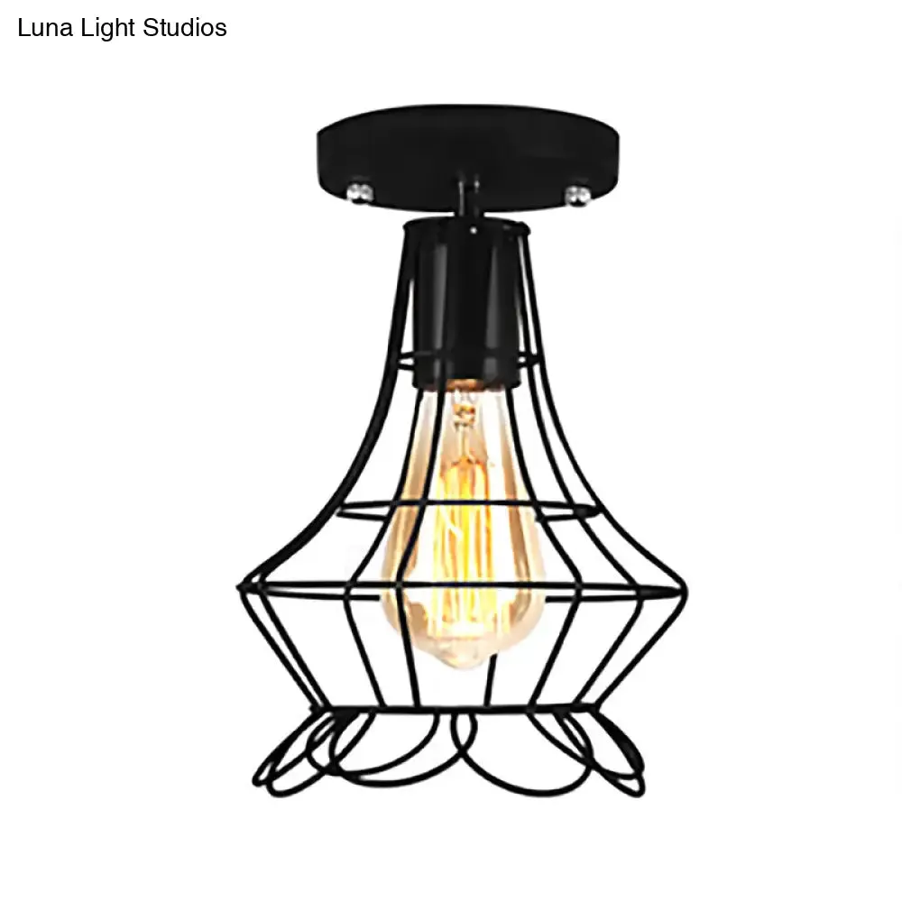 Farmhouse Style Semi Flush Mount Ceiling Light - Global/Barrel Iron with Wire Guard, 1 Light, Black Finish
