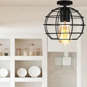 Farmhouse Style Semi Flush Mount Ceiling Light - Global/Barrel Iron with Wire Guard, 1 Light, Black Finish