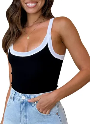 Fashionme Women's 2025 Basic Ribbed Tank Tops Wide Strap Color Block Sleeveless Tops Scoop Neck 1/2 Pack