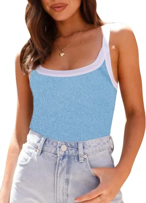 Fashionme Women's 2025 Basic Ribbed Tank Tops Wide Strap Color Block Sleeveless Tops Scoop Neck 1/2 Pack
