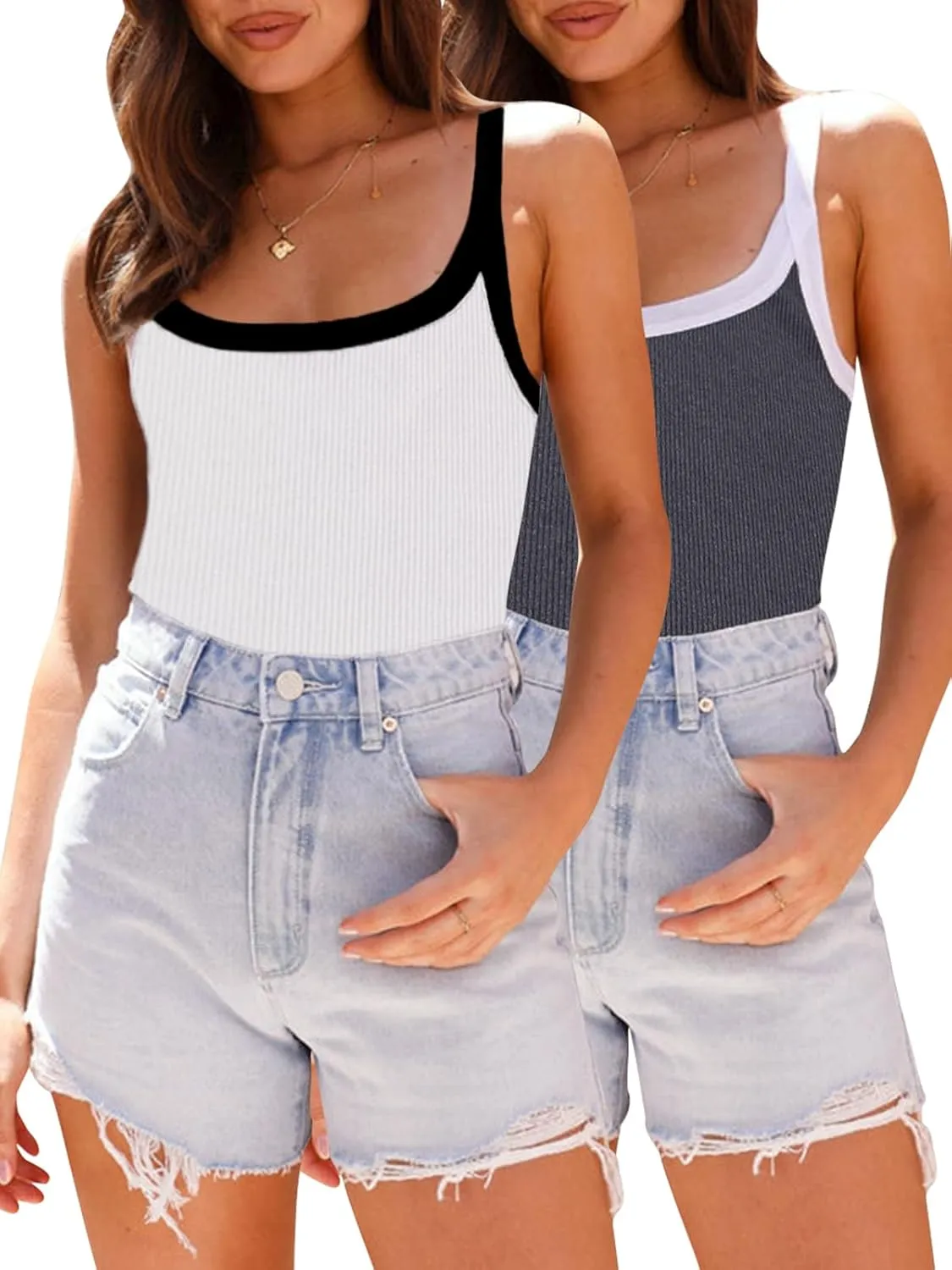 Fashionme Women's 2025 Basic Ribbed Tank Tops Wide Strap Color Block Sleeveless Tops Scoop Neck 1/2 Pack