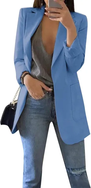FLITAY Womens Long Sleeve Solid Color Blazer Open Front Slim Fit Work Jackets Coat