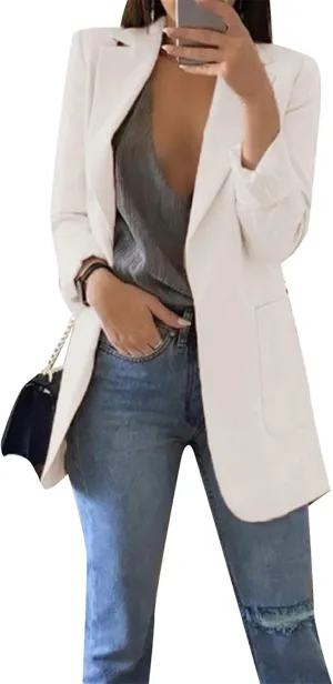 FLITAY Womens Long Sleeve Solid Color Blazer Open Front Slim Fit Work Jackets Coat