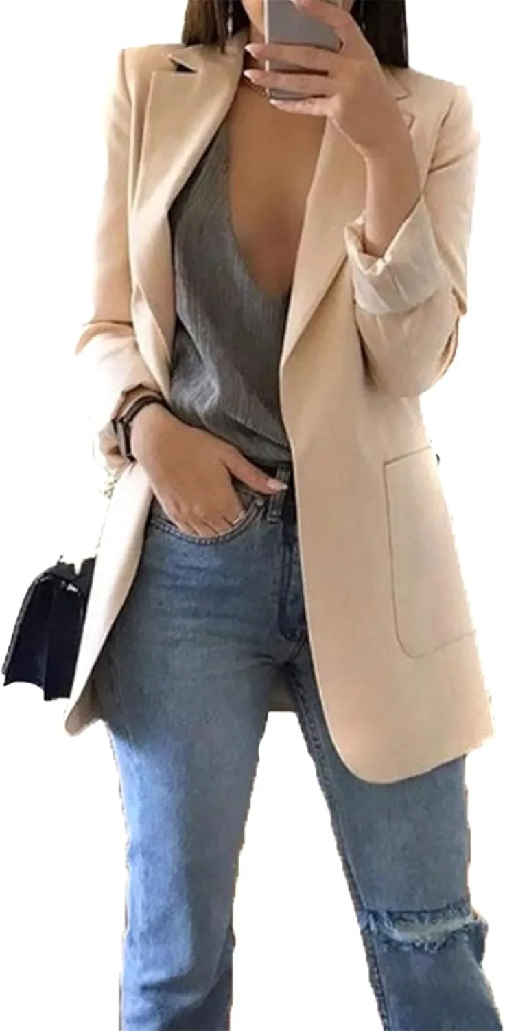 FLITAY Womens Long Sleeve Solid Color Blazer Open Front Slim Fit Work Jackets Coat