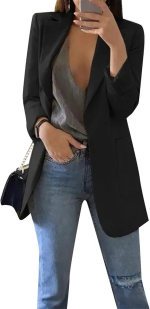 FLITAY Womens Long Sleeve Solid Color Blazer Open Front Slim Fit Work Jackets Coat