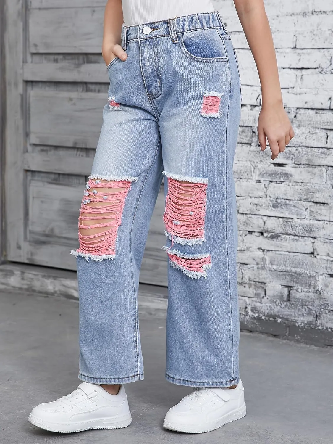 Floerns Girls Elastic Waist Distressed Ripped Straight Leg Denim Jeans