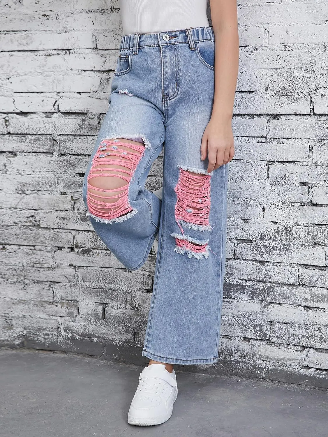 Floerns Girls Elastic Waist Distressed Ripped Straight Leg Denim Jeans