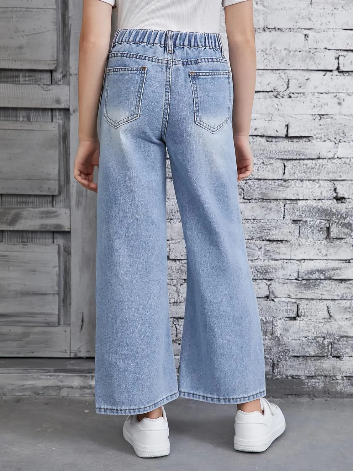 Floerns Girls Elastic Waist Distressed Ripped Straight Leg Denim Jeans