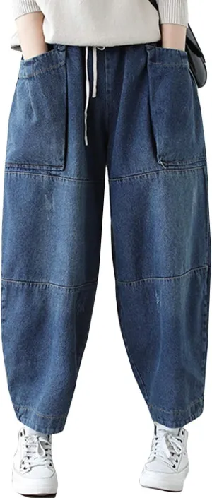 Flygo Women's Casual Distressed Jeans Elastic Waist Harem Pants Trouser