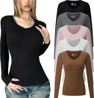 FMNNNN 5 Piece Womens V Neck Long Sleeve Shirts Basic Spring Crop Tops Fall Fashion Layering Slim Fitted Y2k Tops