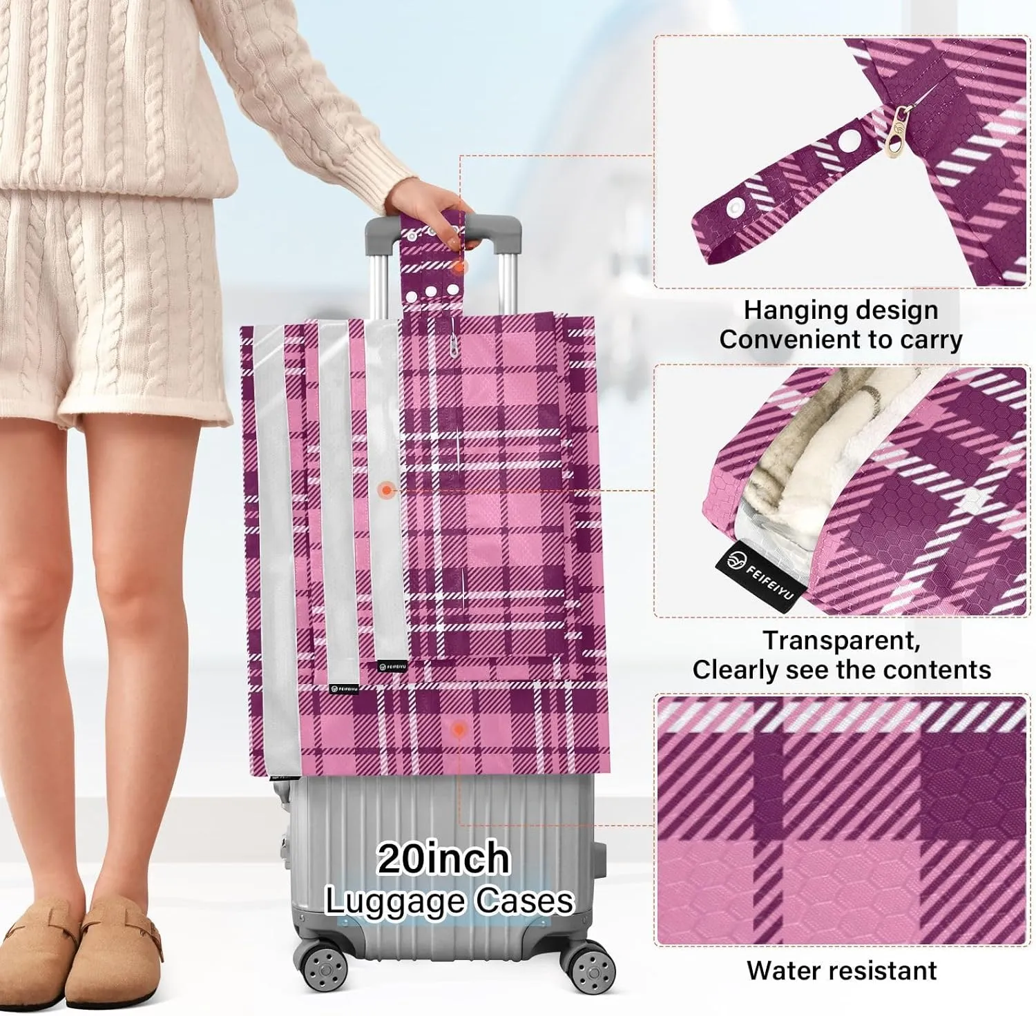 Garment Bag Closet Storage, Luggage Space Saver, Buffalo Plaid Check Tartan Scotland Peach Purple Decor, Waterproof, 3 Set Travel Packing Cubes For Suitcases, Luggages Management Personnel